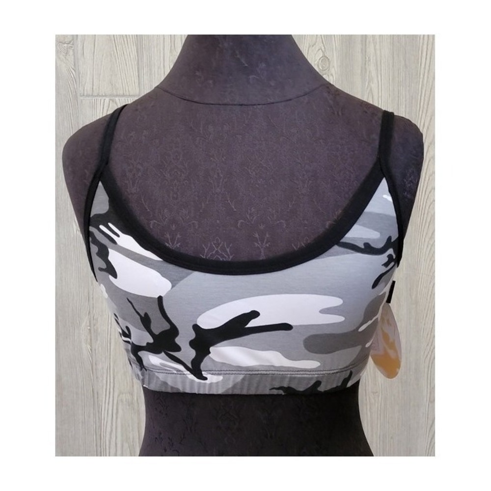 NWT Kos USA L Cross Back Dance Yoga Low-Impact Sports Bra 674 B/W Camo #96517